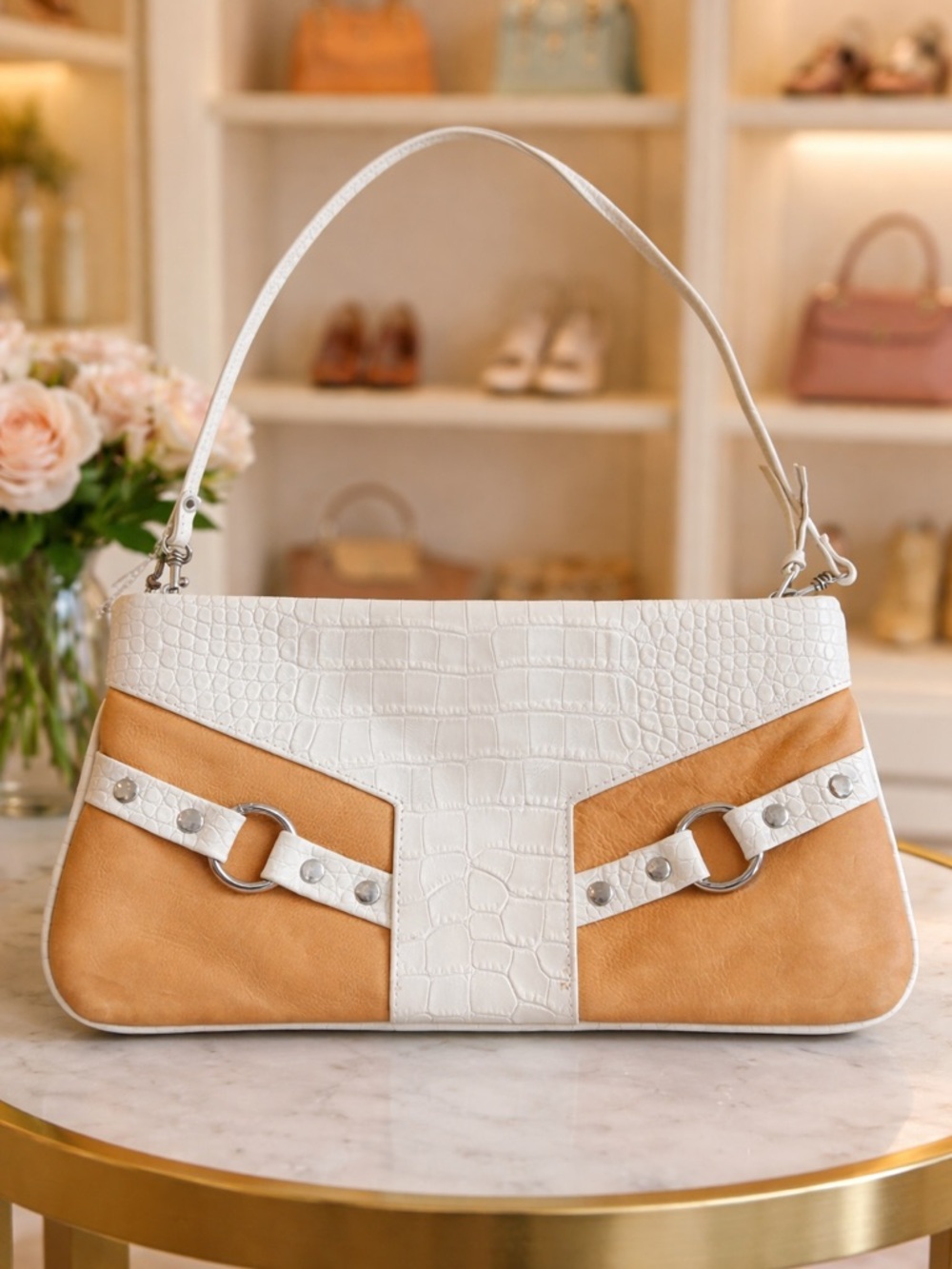 Rangoni of Florence Y2K White Croc-embossed and Tan Suede Shoulder Bag